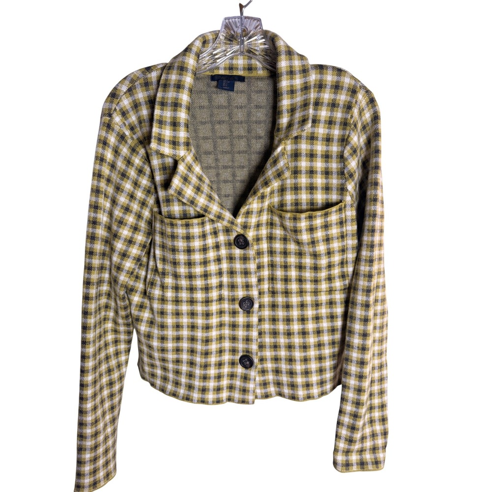 Rachel Rachel‎ Roy Plaid Cardigan Women L Yellow Rayon Knit Button Front Jacket